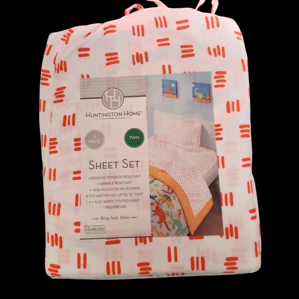 Twin, 3 - Piece Sheet Set, Huntington Home, White With Orange Pattern, New
